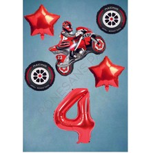 İstoç Parti Motorsiklet-Yarış Lastiği ve Kırmızı Rakam Yıldız Folyo Balon Seti Yaş-4