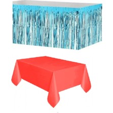 İstoç Parti  Mavi Metalize Masa Etegi + Plastik Kırmızı Masa Örtüsü