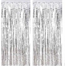 İstoç Parti 2 Adet 45 cm × 200 cm Metalize Arka Fon Kapı Perdesi Püsküllü Fon Süsü Gümüş