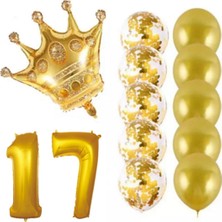 İstoç Parti 17 Yaş Kral Taçlı Gold Konfetili Şeffaf Balon Seti