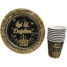 İstoç Parti Siyah-Gold Iyiki Doğdun 8 Li Tabak ve Bardak Set