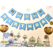 İstoç Parti Mavi Üstüne Gold Altın Sarısı Yaldızlı Happy Birthday Yazılı Doğum Günü Partisi Karton Yazı Banner