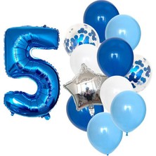 İstoç Parti Mavi Rakam Balon Pullu Şeffaf Balon Seti Yaş 5