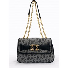 Louisiana Polo Silver Polo Çapraz Askılı Kadın Çanta Monogram Desenli Gri-Siyah 1087