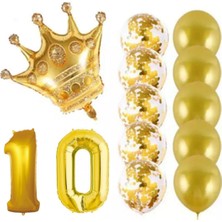 İstoç Parti 10 Yaş Kral Taçlı Gold Konfetili Şeffaf Balon Seti