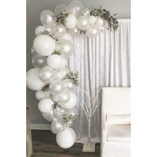 İstoç Parti Pastel Beyaz Metalik Beyaz Şeffaf Balon Düğün Zinciri 50 Adet + 5 mt Balon Zinciri