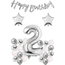 İstoç Parti Gümüş Konsept 2 Yaş Doğum Günü Konfetili Kutlama Seti