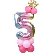 İstoç Parti 5 Yaş Gökkuşağı Renkleri Rakam Balon Altın Taçlı 5 Rakamlı Balon