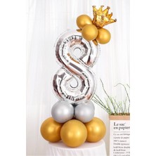İstoç Parti Gümüş Renk 8 Yaş Krom Gold-Gümüş Renkler Altın Taçlı Balon Seti