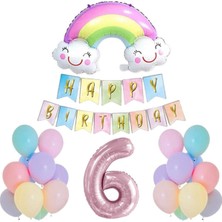 İstoç Parti 6 Yaş Gülen Gökkuşağı Pembe Rakam Folyo Balon Set
