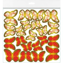 İstoç Parti Kırmızı-Gold Renk Kelebek Dekoratif Süs,kelebek Pasta Süsü