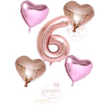 İstoç Parti Istoç Parti Rose Gold Rakam Kalp ve Pembe Kalp Folyo Balon Seti Yaş 6