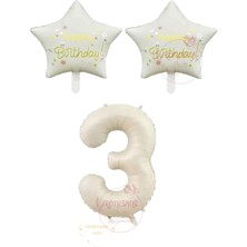İstoç Parti Istoç Parti Bej Rakam ve Happy Bırthday Yazılı Yıldız Folyo Balon Seti Yaş 3