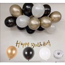 İstoç Parti Gold Happy Bırthday Kaligrafi Banner Krom Gold Pastel Siyah Beyaz Balon