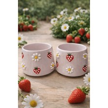 Nivra Grup (2'li) El Yapımı Seramik Kupa Bardak – Papatya ve Çilek Desenli Kahve & Çay Kupası 190 ml