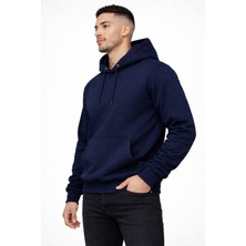 Justas Erkek Lacivert Şardonlu Kapşonlu Kanguru Üç Iplik Sweatshirt
