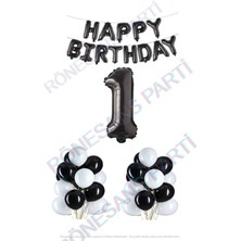 İstoç Parti Happy Bırthday Siyah Renk Folyo Balon Latex Balon  ve Folyo Rakam Seti Yaş 1