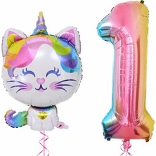 İstoç Parti Unicorn Kedi Balon Gökkuşağı Renkli Sayı Doğum Günü Set Yaş 1