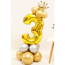 İstoç Parti Gold Renk 3 Yaş Krom Gold-Gümüş Renkler Altın Taçlı Balon Seti