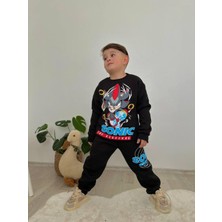 Cg Kids Sonic Baskılı Koyu Lacivert 2 Iplik Erkek Çocuk Alt Üst Süper Tarz Takım Krem Eşofman Baskı Detay