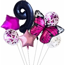 İstoç Parti Pembe Kelebek Balon Set Yıldız Balon Folyo Set Doğum Günü Set Yaş 9