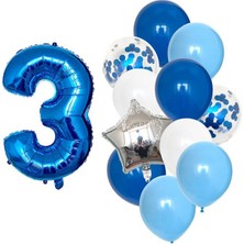 İstoç Parti Mavi Rakam Balon Pullu Şeffaf Balon Seti Yaş 3