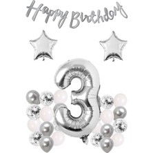 İstoç Parti Gümüş Konsept 3 Yaş Doğum Günü Konfetili Kutlama Seti