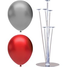 İstoç Parti 7 Çubuklu Balon Standı + 20 Adet Balon Kırmızı - Gümüş
