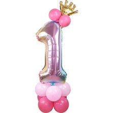 İstoç Parti 1 Yaş Gökkuşağı Renkleri Rakam Balon Altın Taçlı 1 Rakamlı Balon