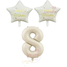 İstoç Parti Istoç Parti Bej Rakam ve Happy Bırthday Yazılı Yıldız Folyo Balon Seti Yaş 8