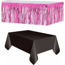 İstoç Parti  Pembe Metalize Masa Etegi + Plastik Siyah Masa Örtüsü