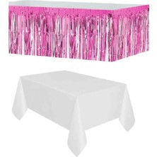 İstoç Parti Pembe Metalize Masa Etegi + Plastik Beyaz Masa Örtüsü