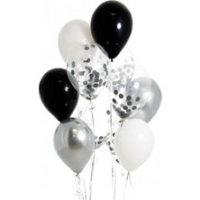 İstoç Parti Siyah Beyaz Gümüş Konfetili Balon Seti