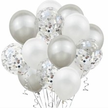 İstoç Parti Metalik Gümüş Pastel Beyaz Gümüş Konfetili Şeffaf Balon Seti 15 Adet