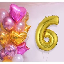 İstoç Parti Pembe Gold Kalp Yıldız Rakam Konsept Balon Seti 6 Yaş