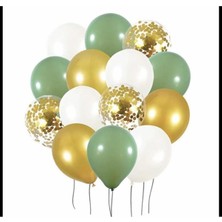 İstoç Parti Küf Yeşili Metalik Gold Pastel Beyaz Gold Konfetili Şeffaf Balon Seti 20 Adet