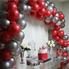 İstoç Parti 50 Adet 12 Inç Metalik Parti Balonu Metalik Kırmızı Metalik Gümüş + 5 mt Balon Zinciri