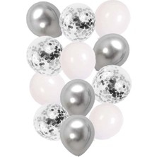 İstoç Parti Beyaz Gümüş ve Konfetili Karışık Balon 12 Adet