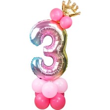 İstoç Parti 3 Yaş Gökkuşağı Renkleri Rakam Balon Altın Taçlı 3 Rakamlı Balon