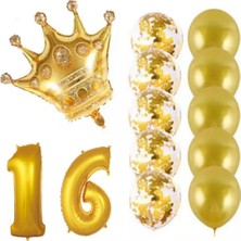 İstoç Parti 16 Yaş Kral Taçlı Gold Konfetili Şeffaf Balon Seti