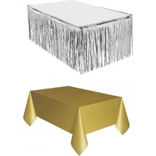 İstoç Parti  Gümüş Metalize Masa Etegi + Plastik Gold Masa Örtüsü