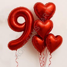 İstoç Parti Kırmızı Rakam Kalp Folyo Balon Seti Yaş-9