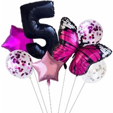 İstoç Parti Pembe Kelebek Balon Set Yıldız Balon Folyo Set Doğum Günü Set Yaş 5