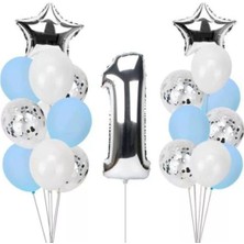 İstoç Parti 1 Yaş Konfetili Mavi-Beyaz-Şeffaf Balon Seti Doğum Günü Parti Seti