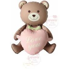 İstoç Parti Istoç Parti Love You Yazılı Retro Yeşil Kalpli Oturan Ayı Folyo Balon