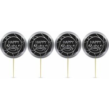 İstoç Parti 8'li Pasta Kürdanı Happy Bırthday Gümüş Yaldızlı Siyah