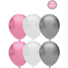 İstoç Parti 12 Inç 30 Adet Metalik Gümüş-Pembe-Beyaz Balon