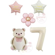 İstoç Parti Istoç Parti Krem Renk Rakam ve Ayıcıklı Yıldızlı Papatyalı Folyo Balon Seti Yaş 7