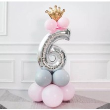İstoç Parti 6 Yaş Gümüş Rakam ve Kral Tacı Folyo Balon Doğum Günü