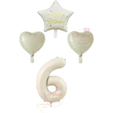 İstoç Parti Istoç Parti Krem Renk Rakam Happy Bırthday Yazılı Yıldız ve Kalpli Folyo Balon Seti Yaş 6